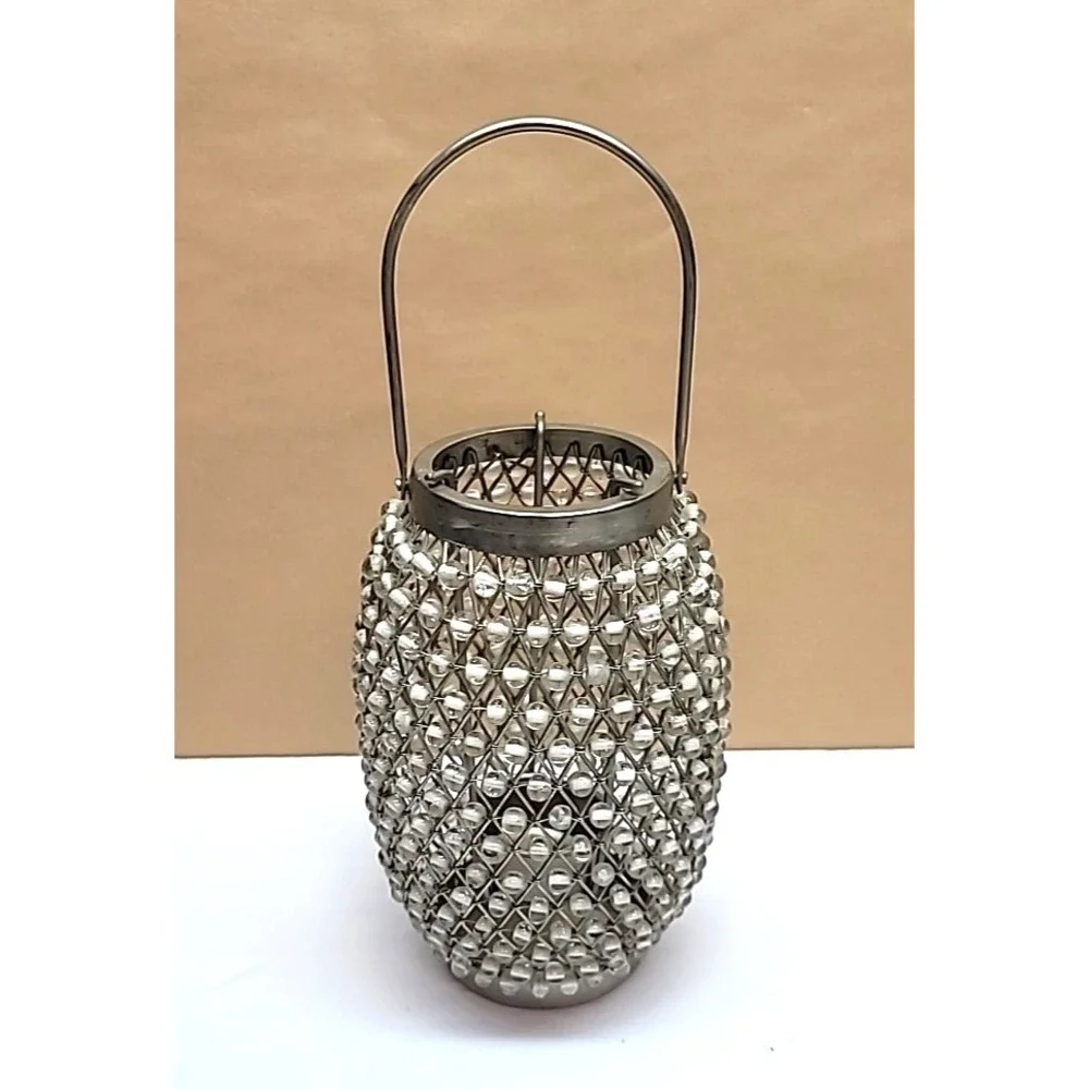 Silver Metal & Clear Glass Beads Tea Light Candle Holder 7